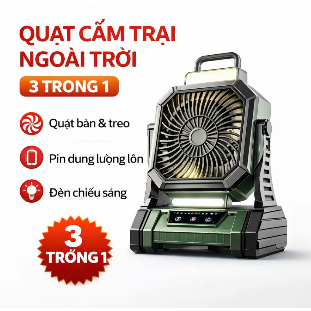 [PIN CHUẨN] Quạt Cắm Trại Dã Ngoại Tích Điện công suất lớn