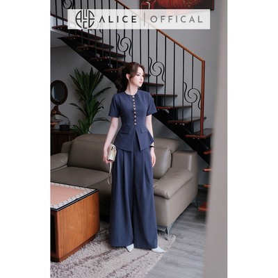 Set Đồ Công Sở Thanh Lịch Alice, Áo Dáng Peplum Chất Tuytsi Kẻ Phối Quần Ống Rộng Xếp Ly S1098