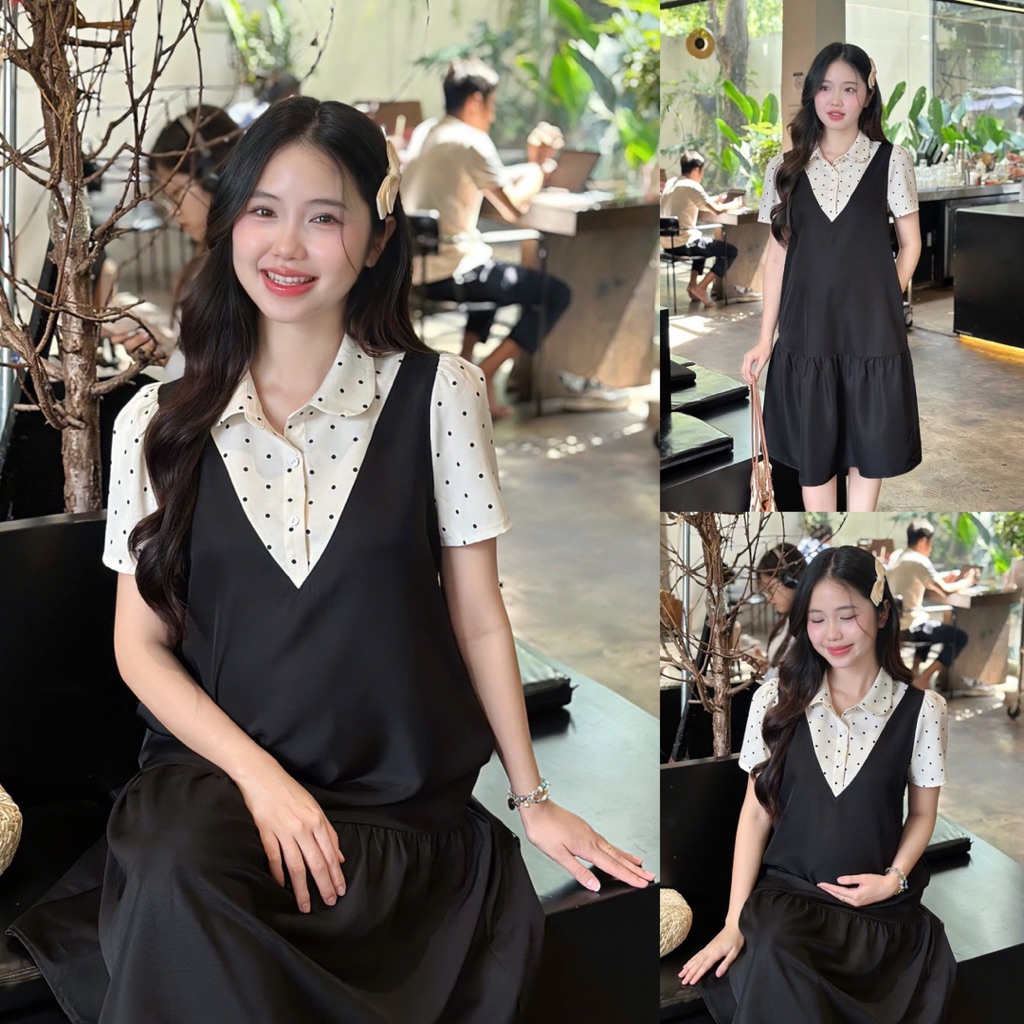 EVERMOM l Đầm bầu Mica công sở cổ sen yếm liền đen phối bi thanh lịch cho mẹ đi làm