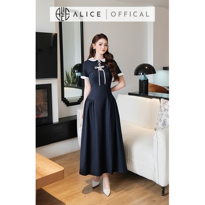 Váy Tiểu Thư Thanh Lịch Alice Chất Chéo Ý Lót Lụa, Đầm Dáng Dài Chiết Ly Hông Cổ Bẻ Cut-Out Nhẹ Đan Dây V1484