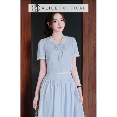 Set Váy Thanh Lịch Alice Chất Thô Kẻ Xanh Phối Trắng, Áo Croptop Bo gấu Cổ Thủy Thủ Phối Váy Midi Cạp Cao Xếp Li S1097