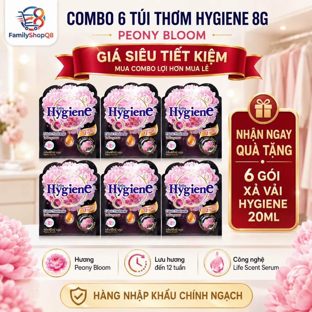6 Túi Thơm Hygiene Peony Bloom 8g Dành Cho Không Gian Kín Mua 6 Túi Thơm Tặng 6 Xả Hygiene 20ml