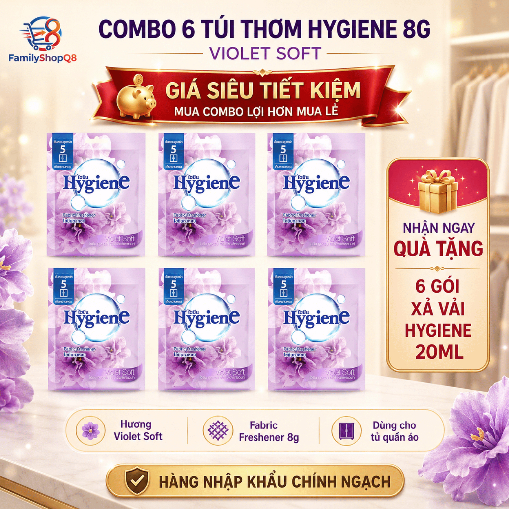 6 Túi Thơm Hygiene Violet Soft Dành Cho Không Gian Kín, Mua 6 Túi Thơm Tặng 6 Xả Hygiene 20ml