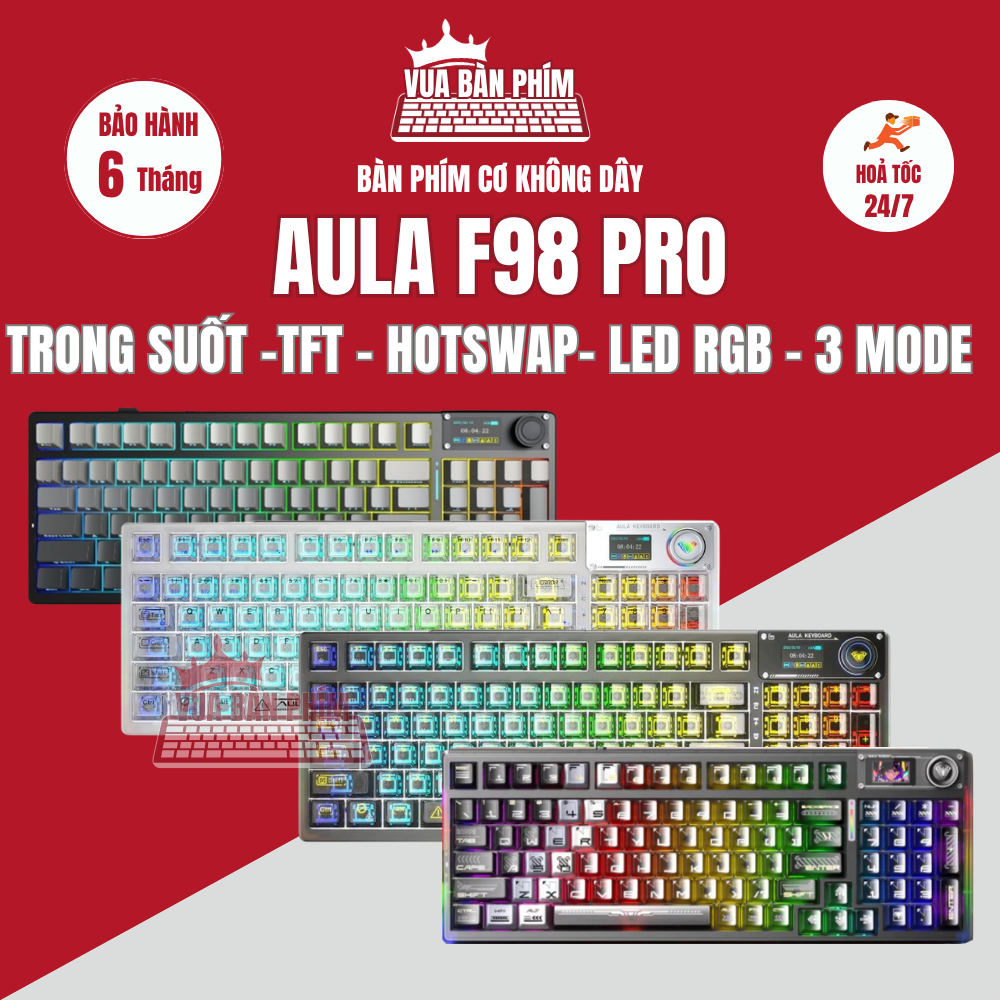Bàn phím cơ không dây Aula F98 pro trong suốt , mạch xuôi,màn hình tft ,led rgb, hỗ trợ hostswap,key