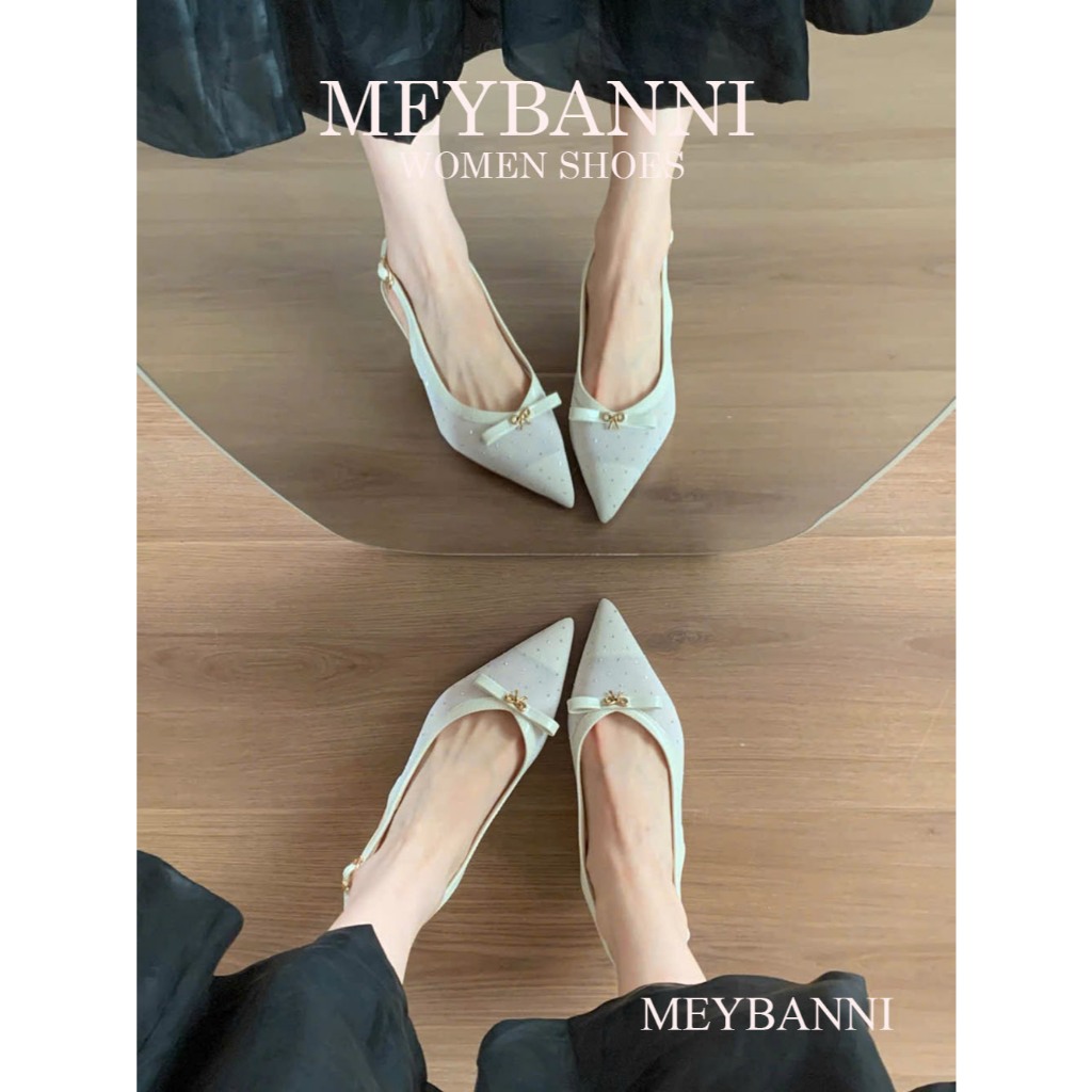 Giày Cao Gót Mũi Nhọn MEYBANNI Chấm Bi Phối Nơ Dễ Thương - D83