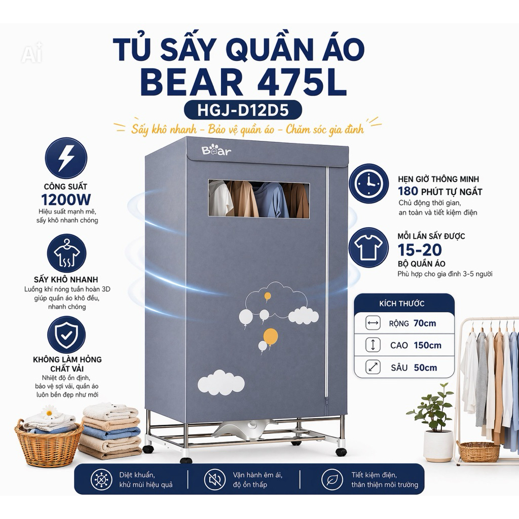 Tủ Sấy Quần Áo Bear 475L HGJ-D12D5