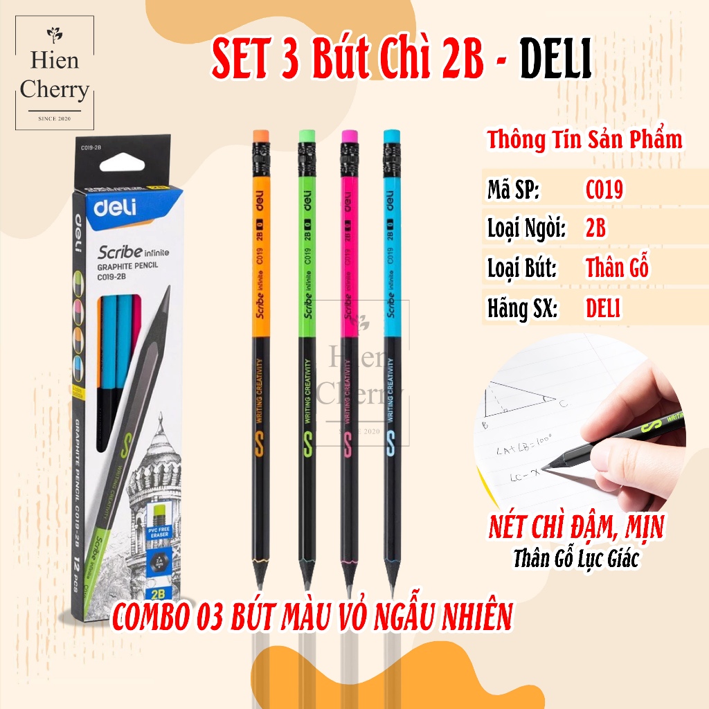 Set 3 Chiếc Bút Chì 2B DELI, Bút Chì Gỗ Đen Thân Lục Giác C019, Nét Chì Đậm, Mịn - Hiền Cherry Shop