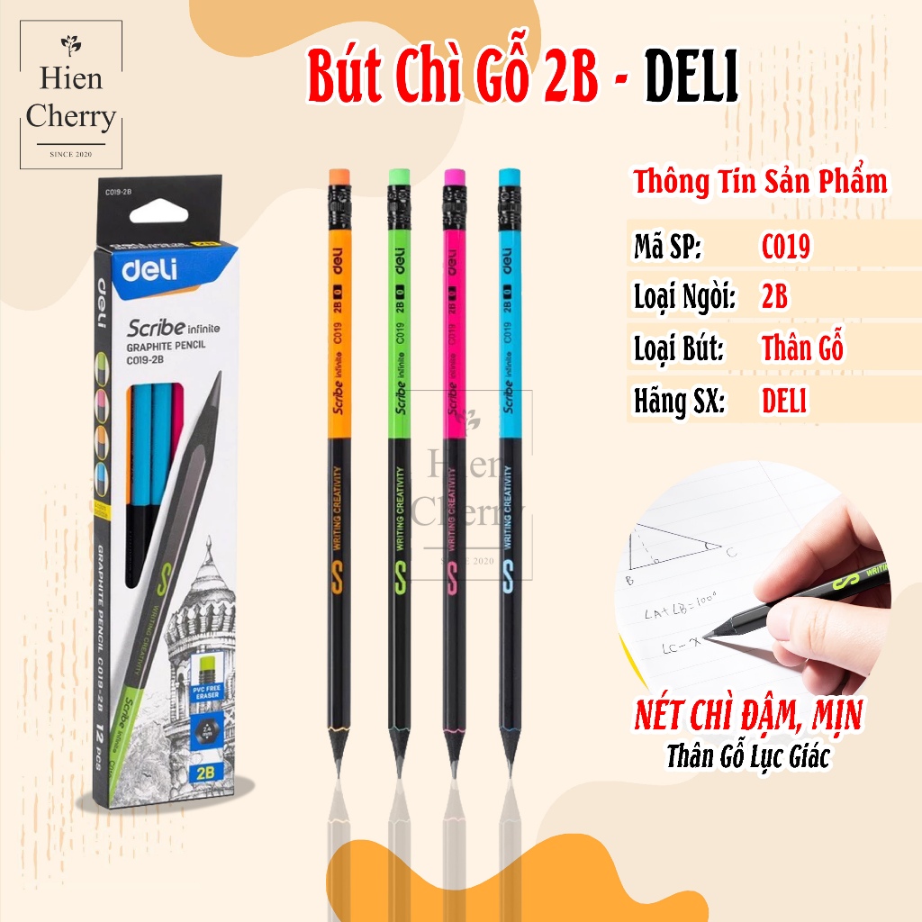 Hộp 12 Chiếc Bút Chì 2B DELI, Bút Chì Gỗ Đen Thân Lục Giác C019, Chì Đậm, Khó Gãy - Hiền Cherry Shop