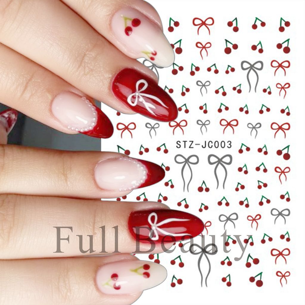 Sticker Nail Nổi 5D Cherry & Nơ Đỏ – Decal Trang Trí Móng Hàn Quốc