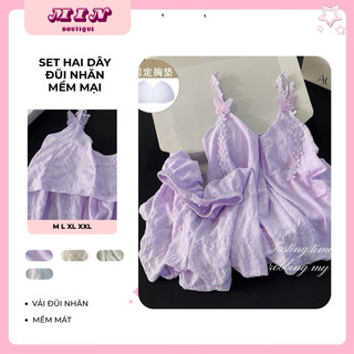 MIN BOUTIQUE ( KÈM ẢNH THẬT ) Bộ Đồ Ngủ Nữ 2 Dây Set Đồ Mặc Nhà Mùa Hè Kèm Đệm Lót Set 2 Dây Đũi Mềm Tiểu Thư Full 4 Màu
