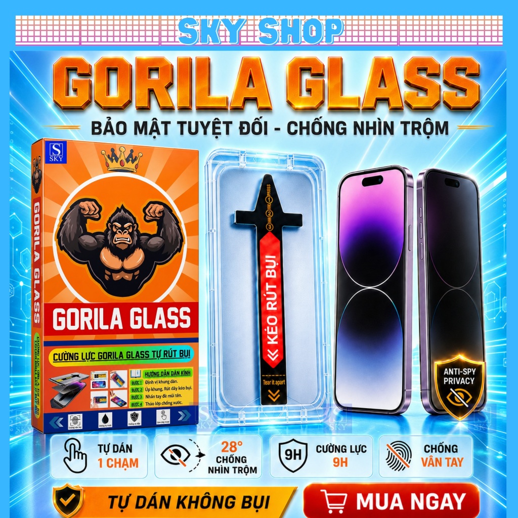 [COMBO 2 KÍNH] Kính GORILA GLASS Chống Nhìn Trộm Cho cường lực iPhone 11-17 Pro Max, Khung Tự Dán Tự