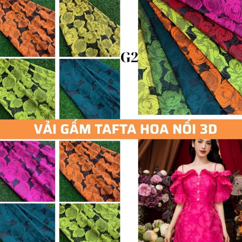 3.Vải Hương Xoan - Vải Gấm tafta hoa nổi 3D,chất gấm thêu hoa nổi lên váy xoè, chân váy, áo dài cách