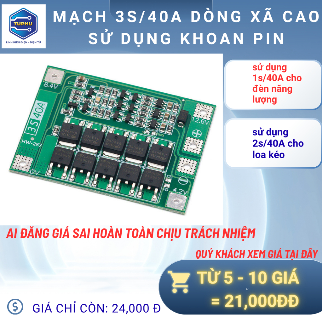 Mạch phiên Bản nâng cao bảo vệ pin đầy tự ngắt  3s40A cell 1865o