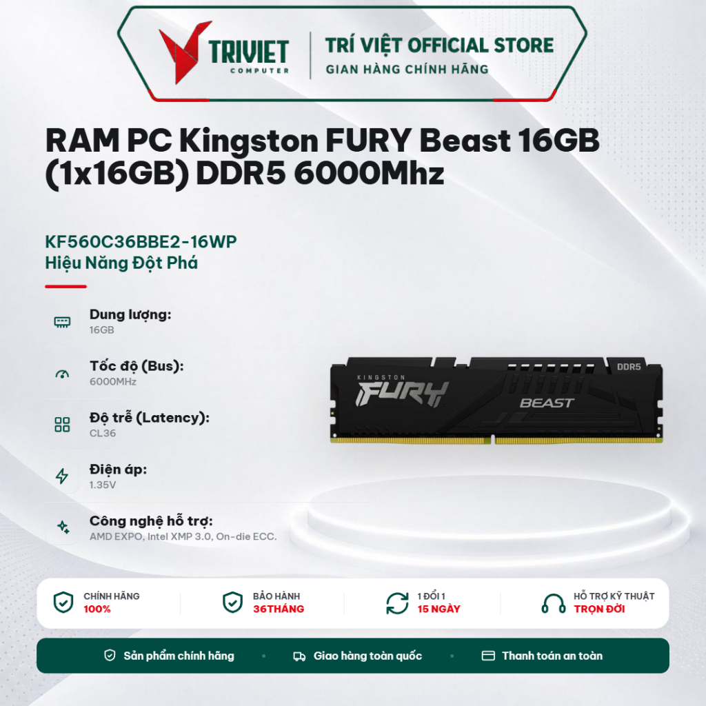 RAM PC Kingston FURY Beast 16GB, 32GB DDR5 6000Mhz (KF560C36BBE2-16WP,KF560C36BBE2-32) (AMD EXPO+INT