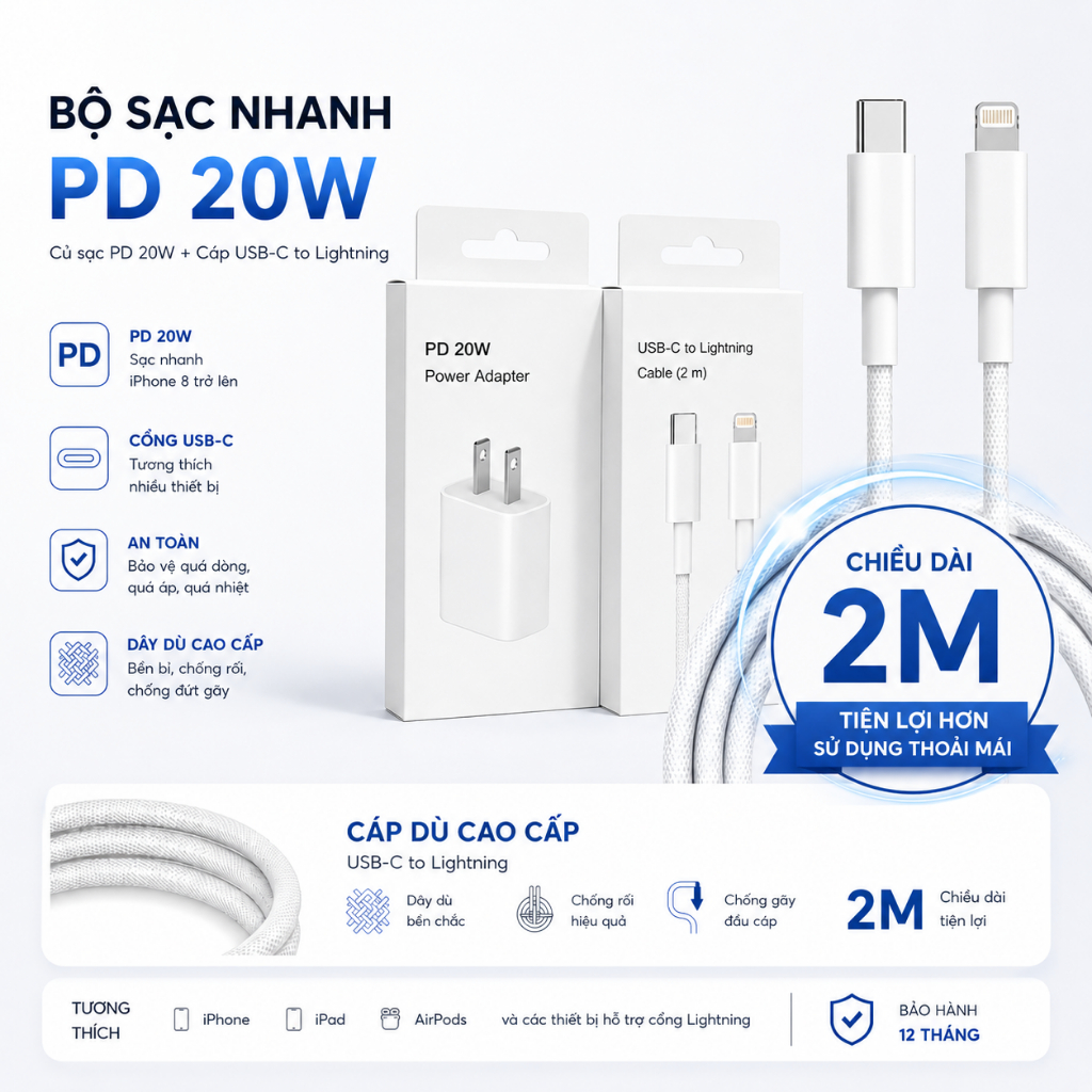 Bộ sạc nhanh cho các dòng iphone chuẩn dòng PD20w PD35w Chiều dài cáp 2m
