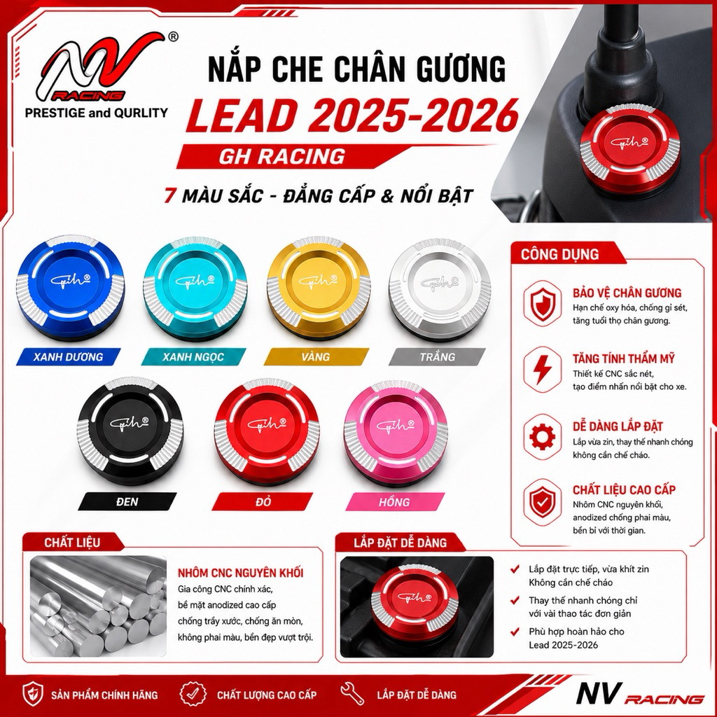 Nắp đậy chân gương Gh Racing Lead 2025-2026 CNC