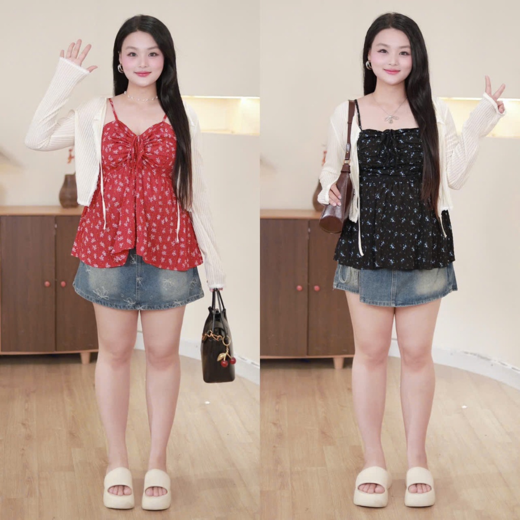 [BIGSIZE 55-95KG] Set áo babydoll hoa nhí BIGSIZE và áo khoác mỏng M5580 - BOON BOON BIGSIZE