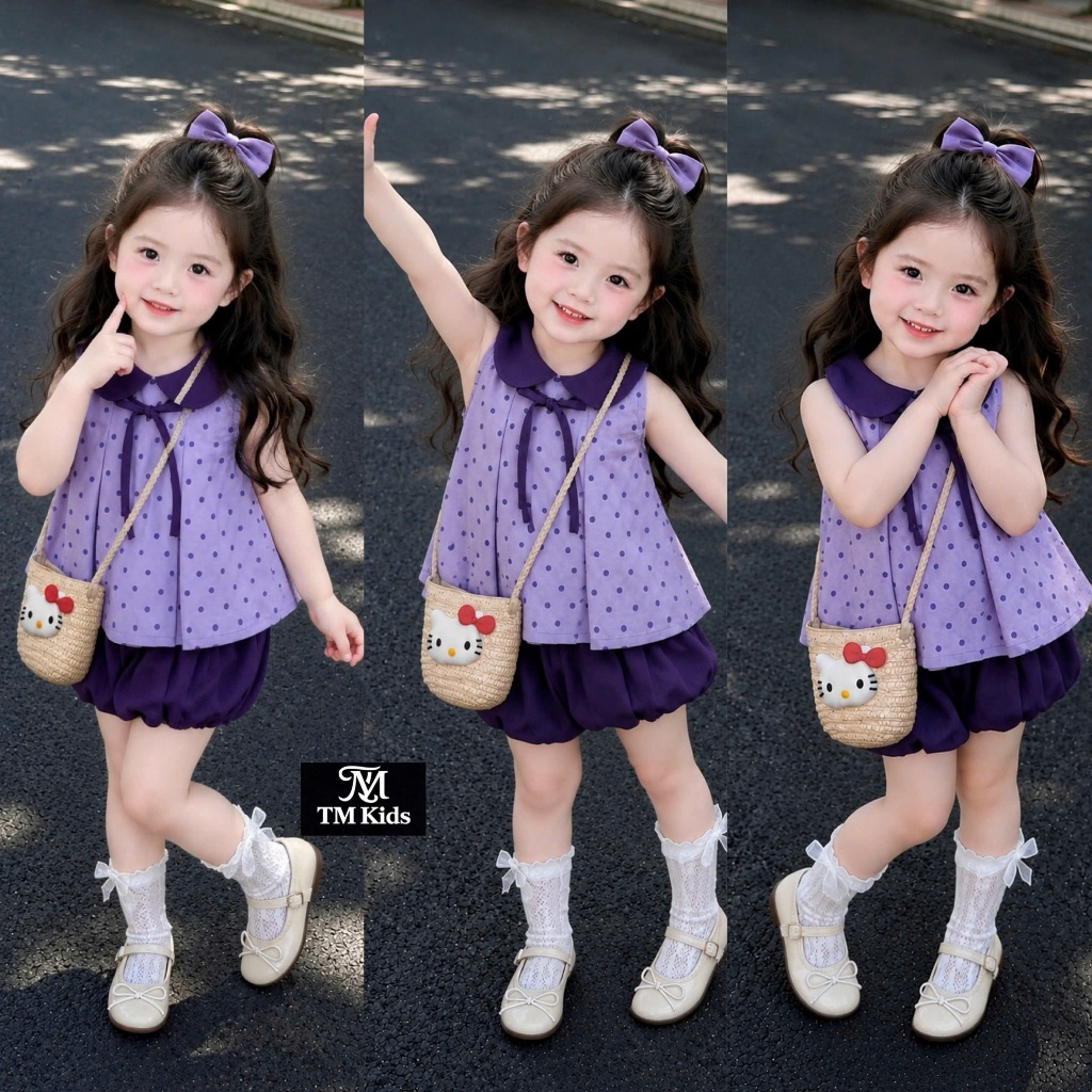 [ TẶNG TÚI ] Đồ hè bé gái, Đồ xinh cho bé gái, Set áo tím bi nhí mix quần bí phồng đi học đi chơi 10