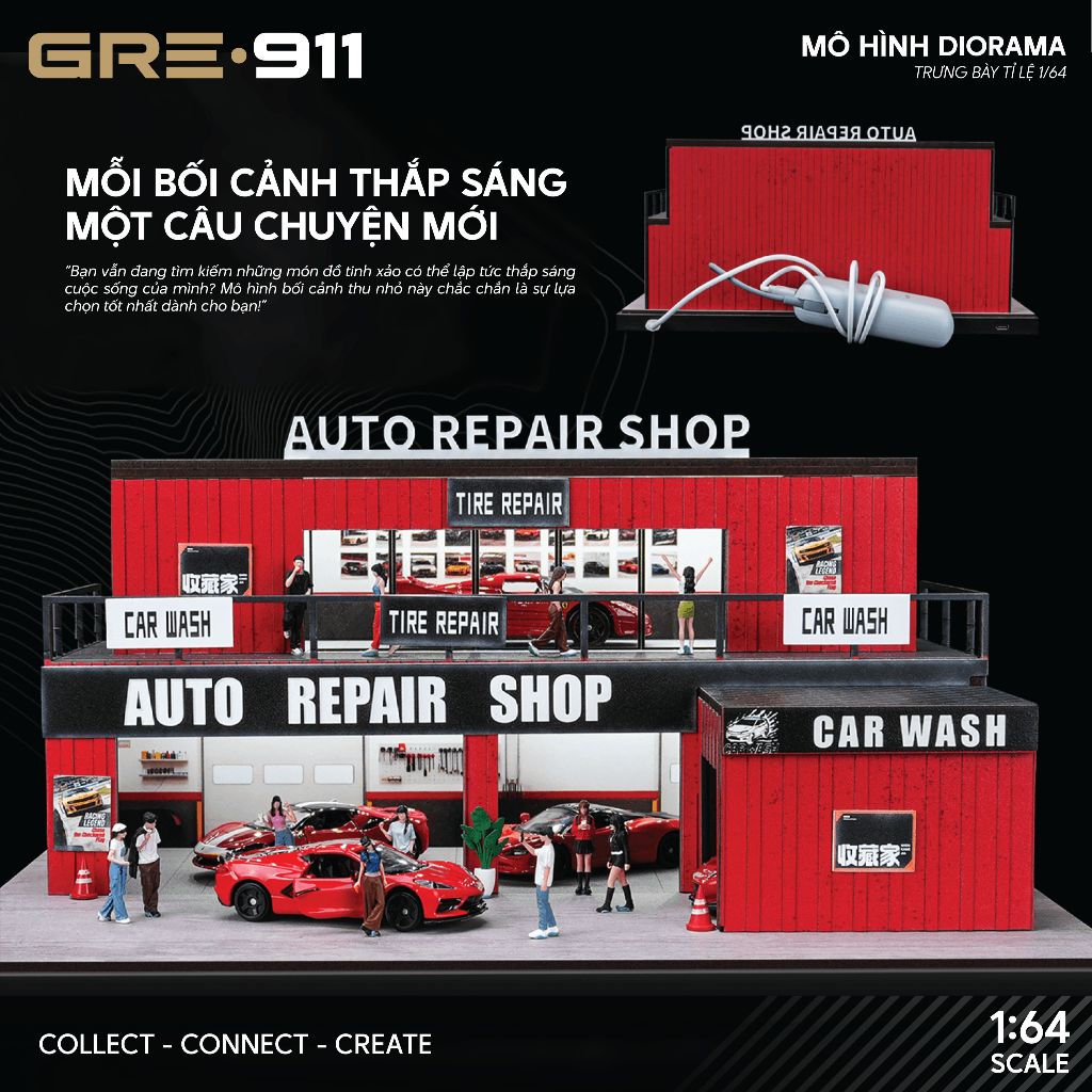 Mô hình trưng bày mô phỏng garage sửa chữa và chăm sóc xe - Diorama Container Repair Garage 1:64