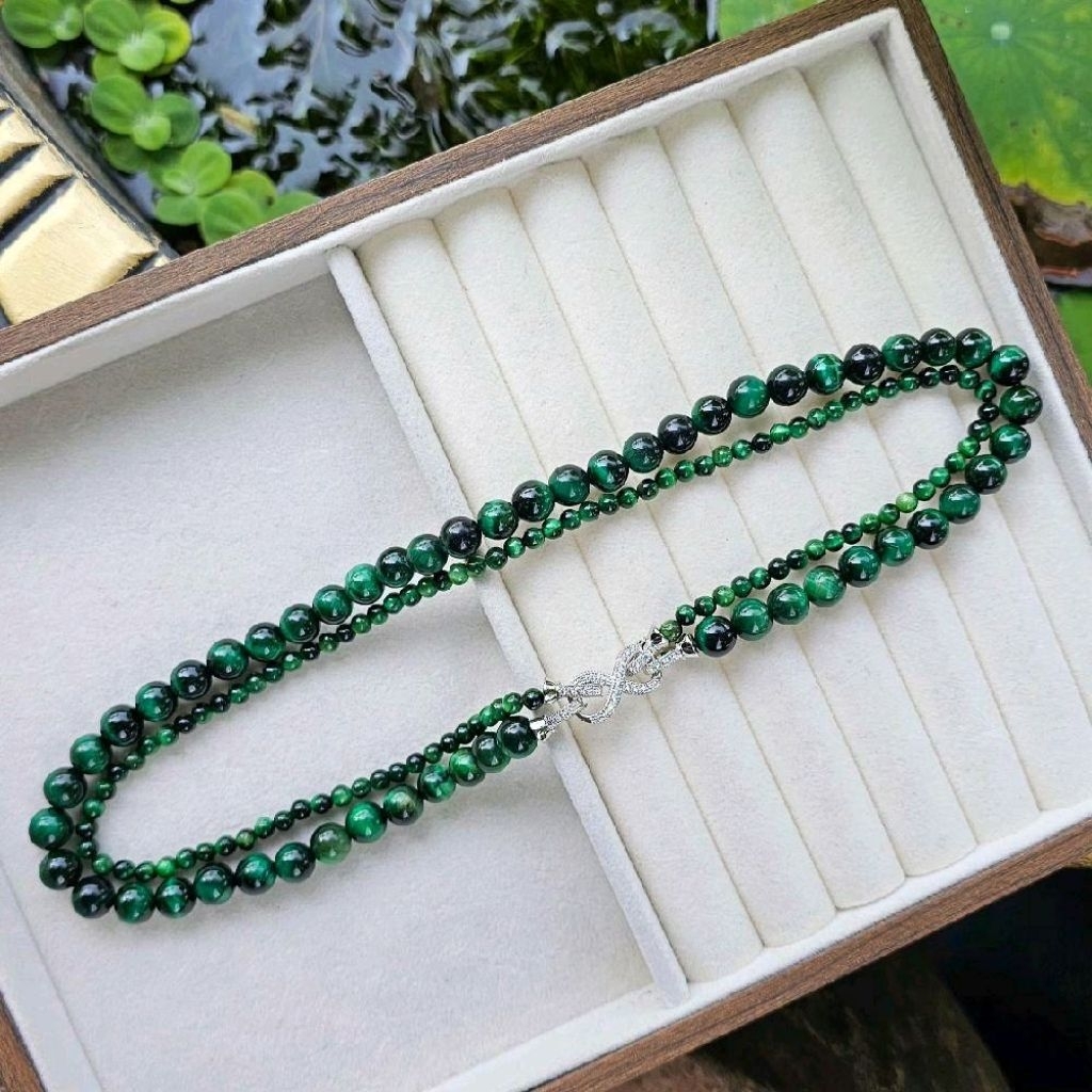 Vòng cổ ngắn 2 tầng mắt hổ xanh 4*8 ly 100h4ly* 40h10ly móc ĐẸP thiết kế tặng kèm hộp (Ms:SP002425, 