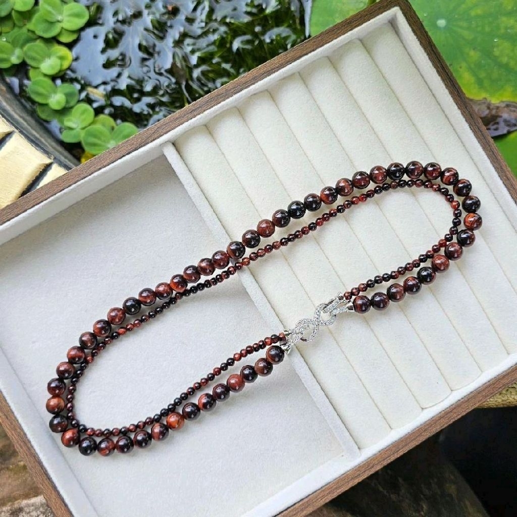Vòng cổ ngắn 2 tầng mắt hổ đỏ  4*8 ly 100h4ly* 40h10ly móc ĐẸP thiết kế tặng kèm hộp (Ms:SP002427, D
