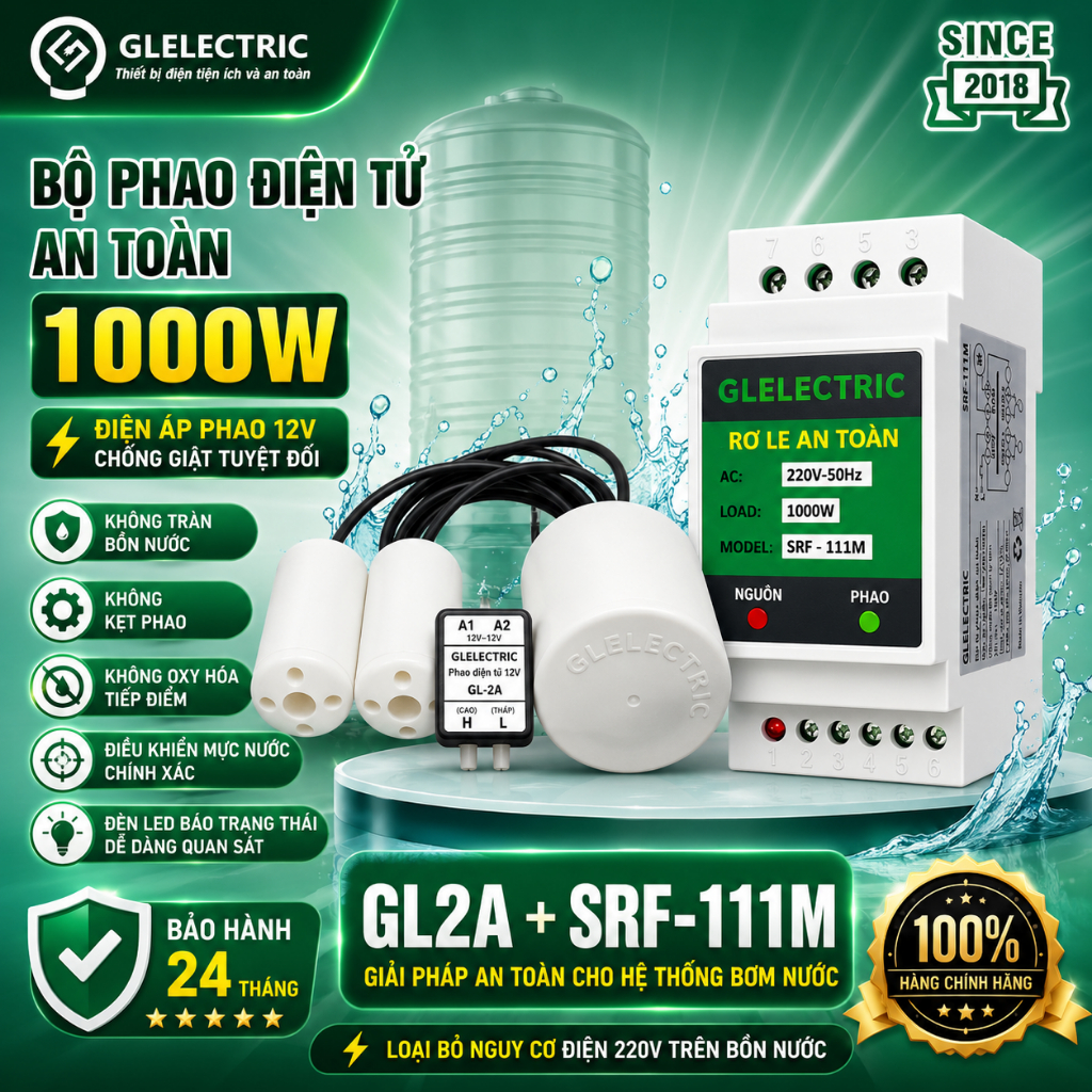 Phao Điện 12V Bồn Nước GL2A + Rơ Le SRF-111M | Chống Cạn Chống Tràn Tự Động | BH 24T