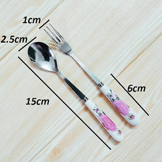 Combo 10 thìa cafe  - 10 dĩa inox cán sứ in hoa cao cấp