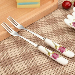 Combo 10 thìa cafe  - 10 dĩa inox cán sứ in hoa cao cấp