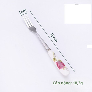 Combo 10 thìa cafe  - 10 dĩa inox cán sứ in hoa cao cấp