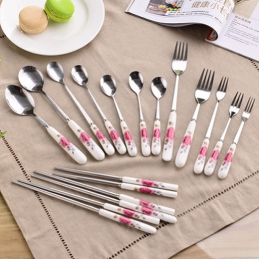 Combo 10 thìa cafe  - 10 dĩa inox cán sứ in hoa cao cấp
