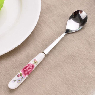 Combo 10 thìa cafe  - 10 dĩa inox cán sứ in hoa cao cấp