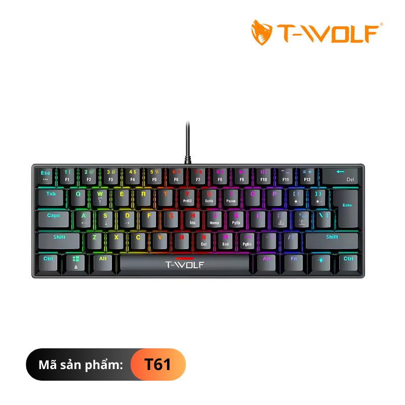 Bàn Phím cơ T-WOLF T61 Blue Switch, 61 bàn phím, kết nối USB, RGB 12 hiệu ứng ánh sáng
