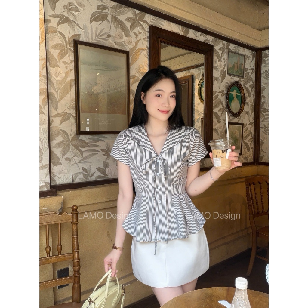 Áo sơ mi áo kiểu nữ cổ thủy thủ phối nơ xinh xắn trẻ trung LAMO - B1586 | BigBuy360 - bigbuy360.vn