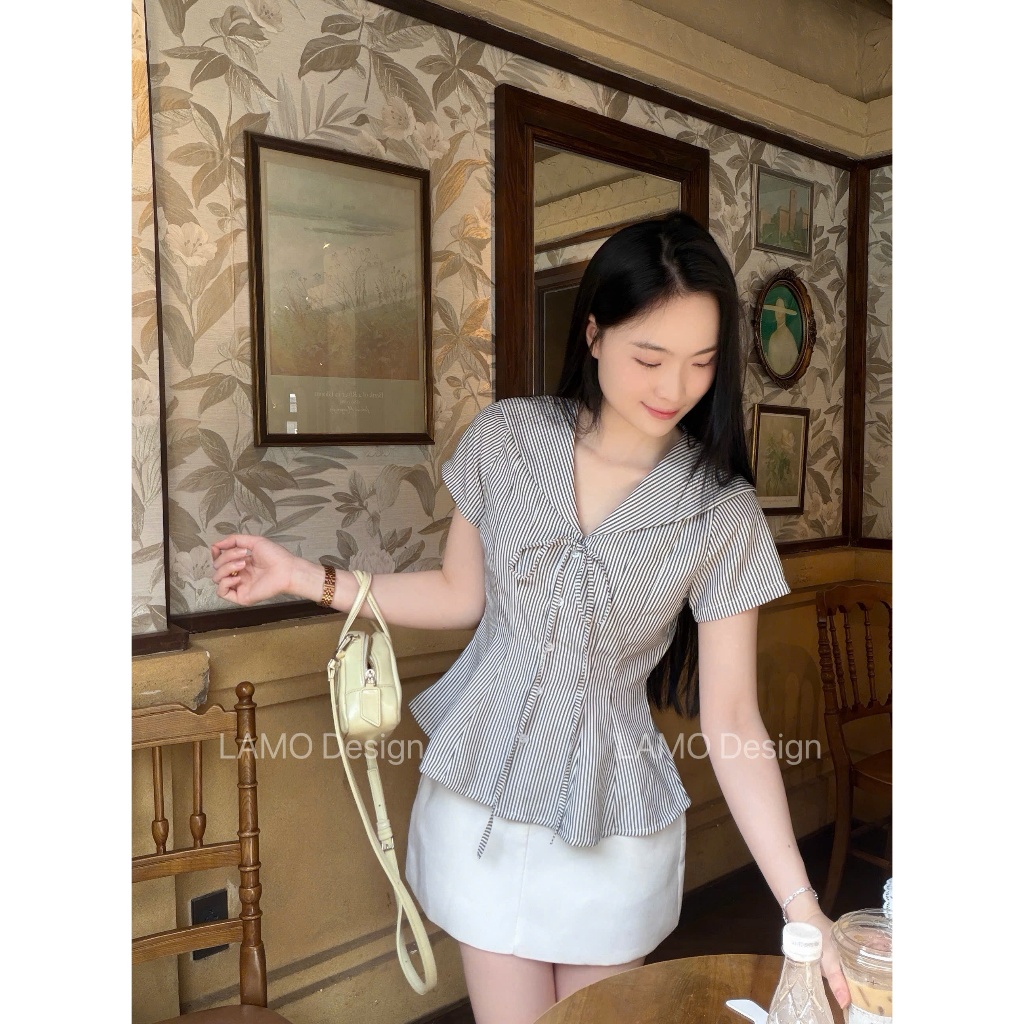 Áo sơ mi áo kiểu nữ cổ thủy thủ phối nơ xinh xắn trẻ trung LAMO - B1586 | BigBuy360 - bigbuy360.vn