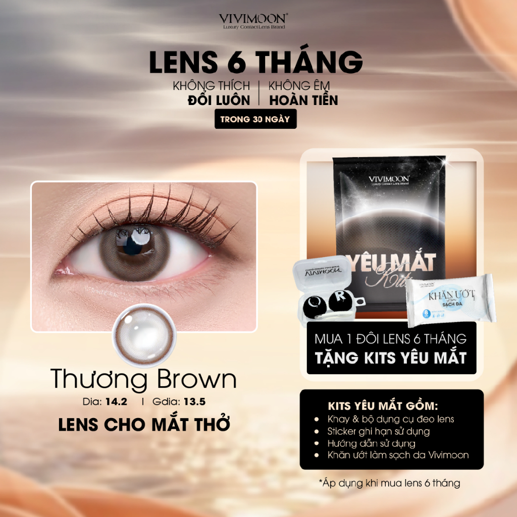 Kính áp tròng VIVIMOON màu nâu THƯƠNG BROWN, lens cận cho mắt thở, hạn sử dụng 6 tháng độ cận 0-8