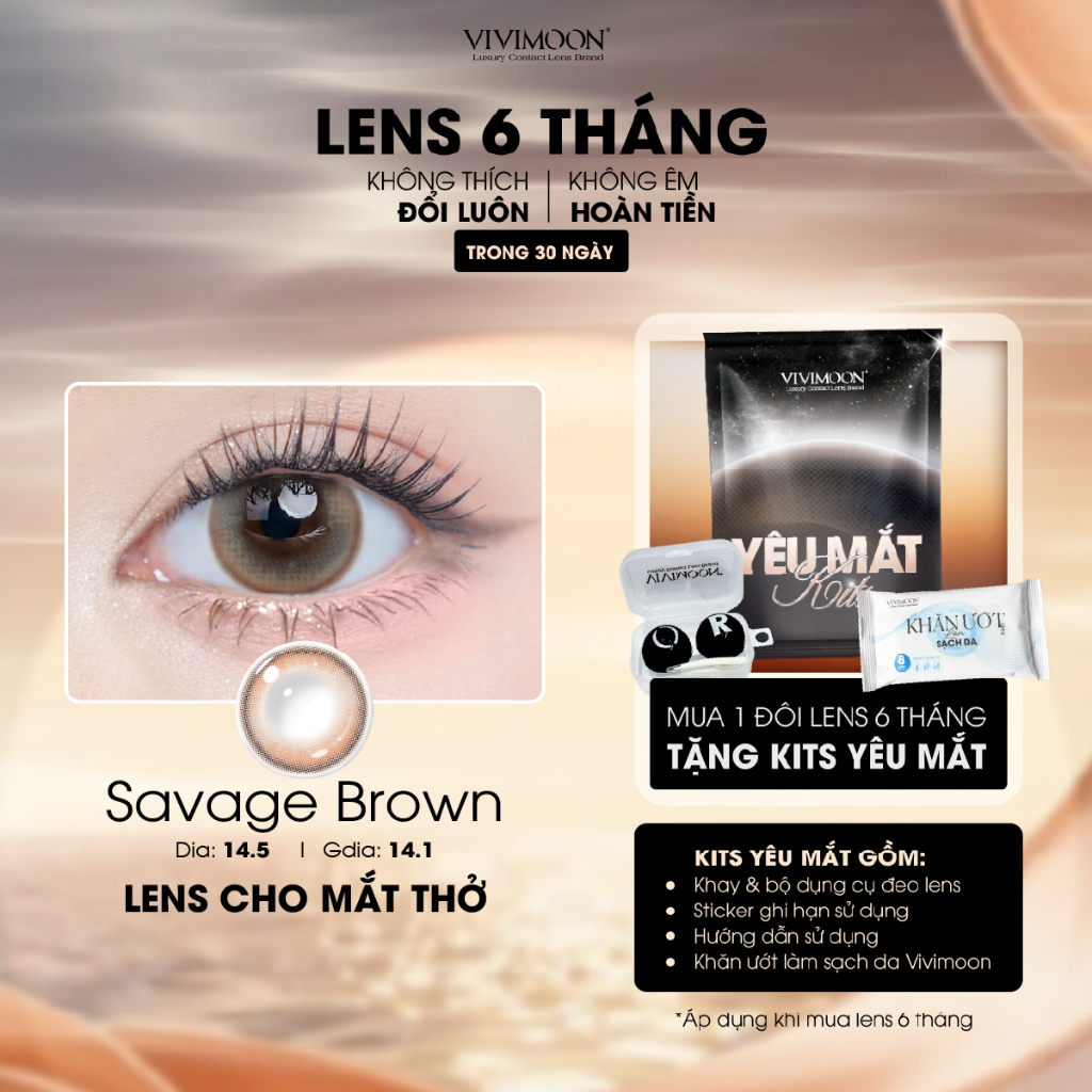 Kính áp tròng VIVIMOON EYECONIC lens cận cho mắt thở màu nâu baby Savage Brown, giãn tròng to 14.5mm