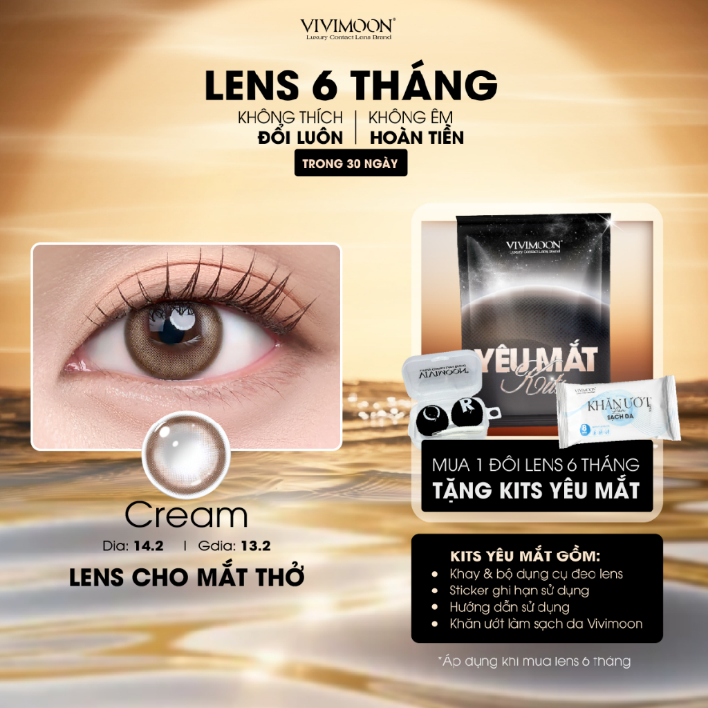 VIVIMOON lens cận nâu tây cho mắt thở CREAM, kính áp tròng 6 tháng độ cận từ 0 đến 8, Dia 14.2mm