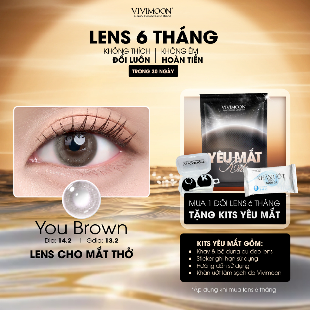 VIVIMOON lens cận cho mắt thở 6 tháng, kính áp tròng màu nâu vân nhũ You Brown độ từ 0 đến 8