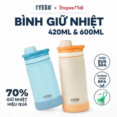 Bình nước giữ nhiệt trẻ em Tyeso 420ml 600ml inox 304 có vòi hút và quai xách ẩn giữ lạnh 12h
