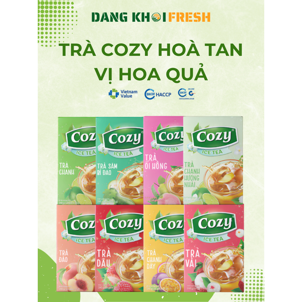 Combo 10 Hộp Trà Đen Hòa Tan Cozy - Trà Đào Gừng Chanh Vải Dâu Ổi Hồng Chanh Dây Sâm Bí Đao 16*15g