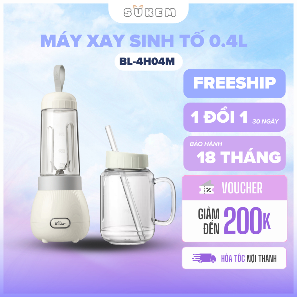Máy Xay Sinh Tố Cầm Tay 2 Cối 0.4L Bear BL-4H04M - LLJ-D04A1 Xay Hoa Quả Công Suất Lớn, Chất Liệu Tr