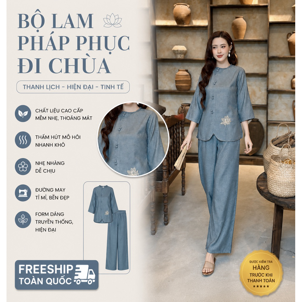 L12 Set bộ lam pháp phục đi chùa chất tơ mộc mềm thoáng mát, kiểu trang nghiêm tinh tế,  quần có túi