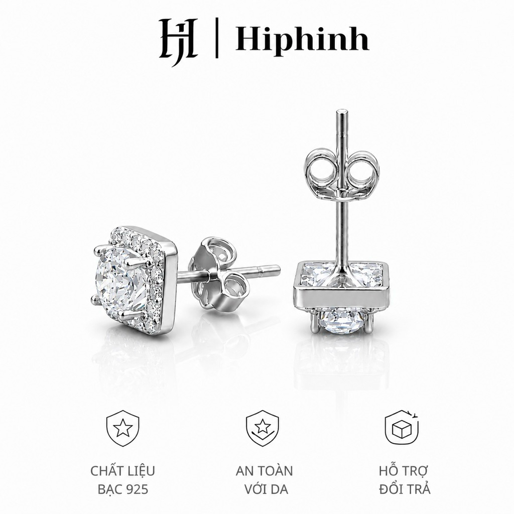 Khuyên tai vuông 5mm và 7mm nam nữ chất liệu bạc 925 Hiphinh Jewelry
