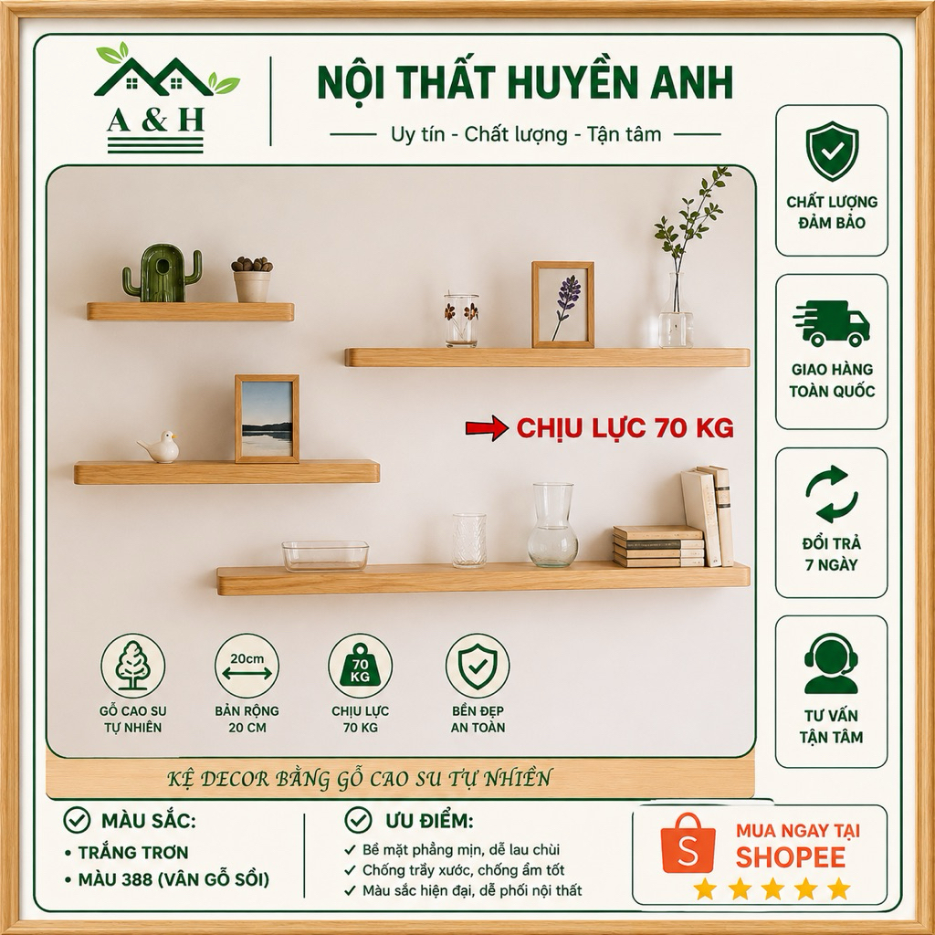 Kệ Gỗ Treo Tường Decor Bằng Gỗ Cao Su Tự Nhiên, Kết Cấu Giấu Chân, Kệ Gỗ Âm tường , Sâu 20cm
