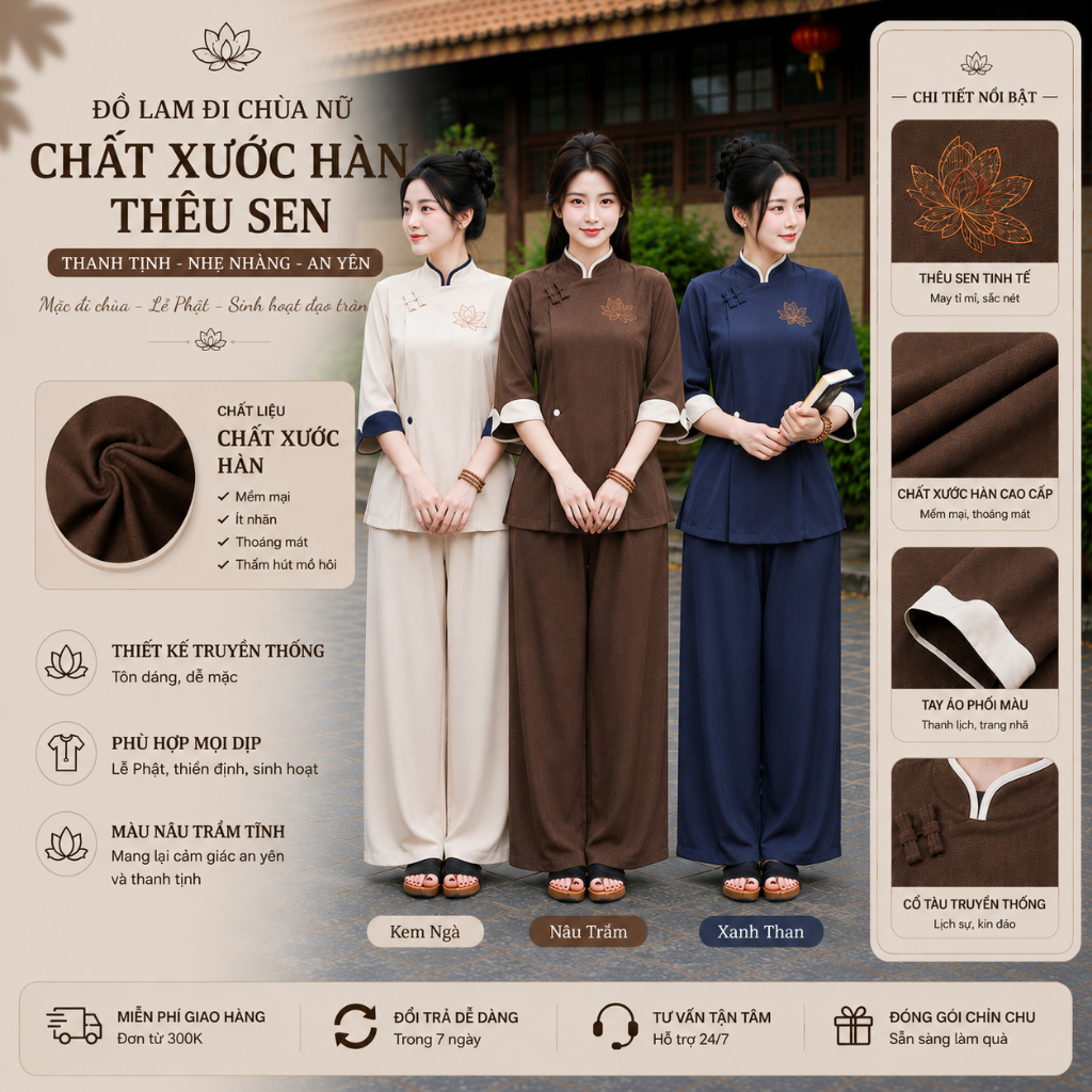 Pháp phục nữ đi chùa bigsize cao cấp, bộ đồ lam nữ trẻ trung thêu sen chất xước hàn Thiên Di D06