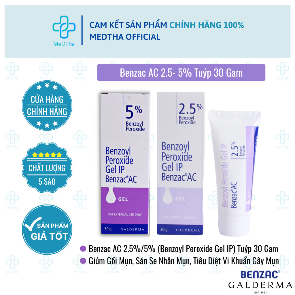 Benzac AC 2.5%/5% (Benzoyl Peroxide Gel IP) - Benzac Ấn, Gel Chấm Mụn, Mụn Trứng Cá, Sưng Tấy (Tuýp 