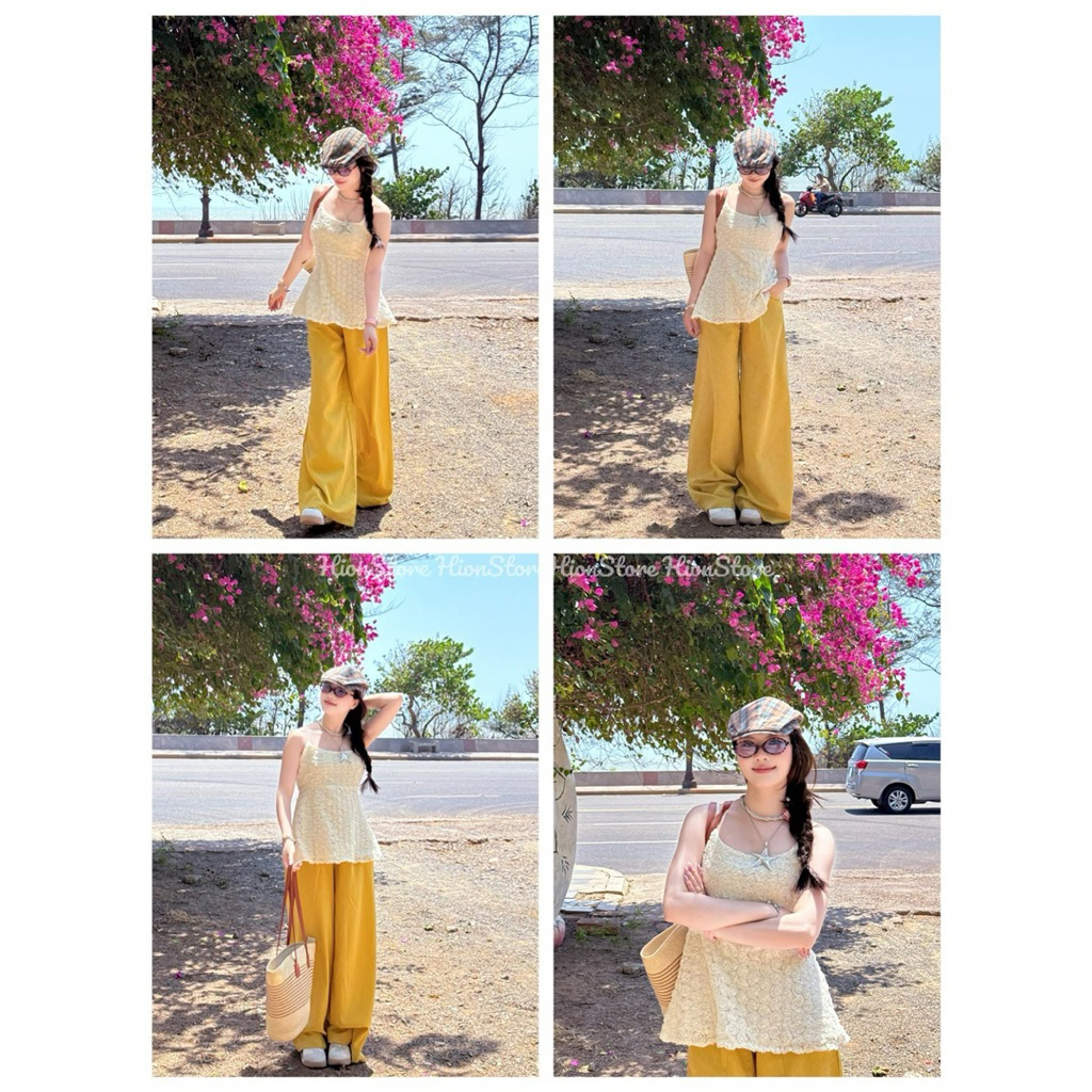 Hion Store - Set áo 2s hoa nổi nude+ quần vàng đi biển