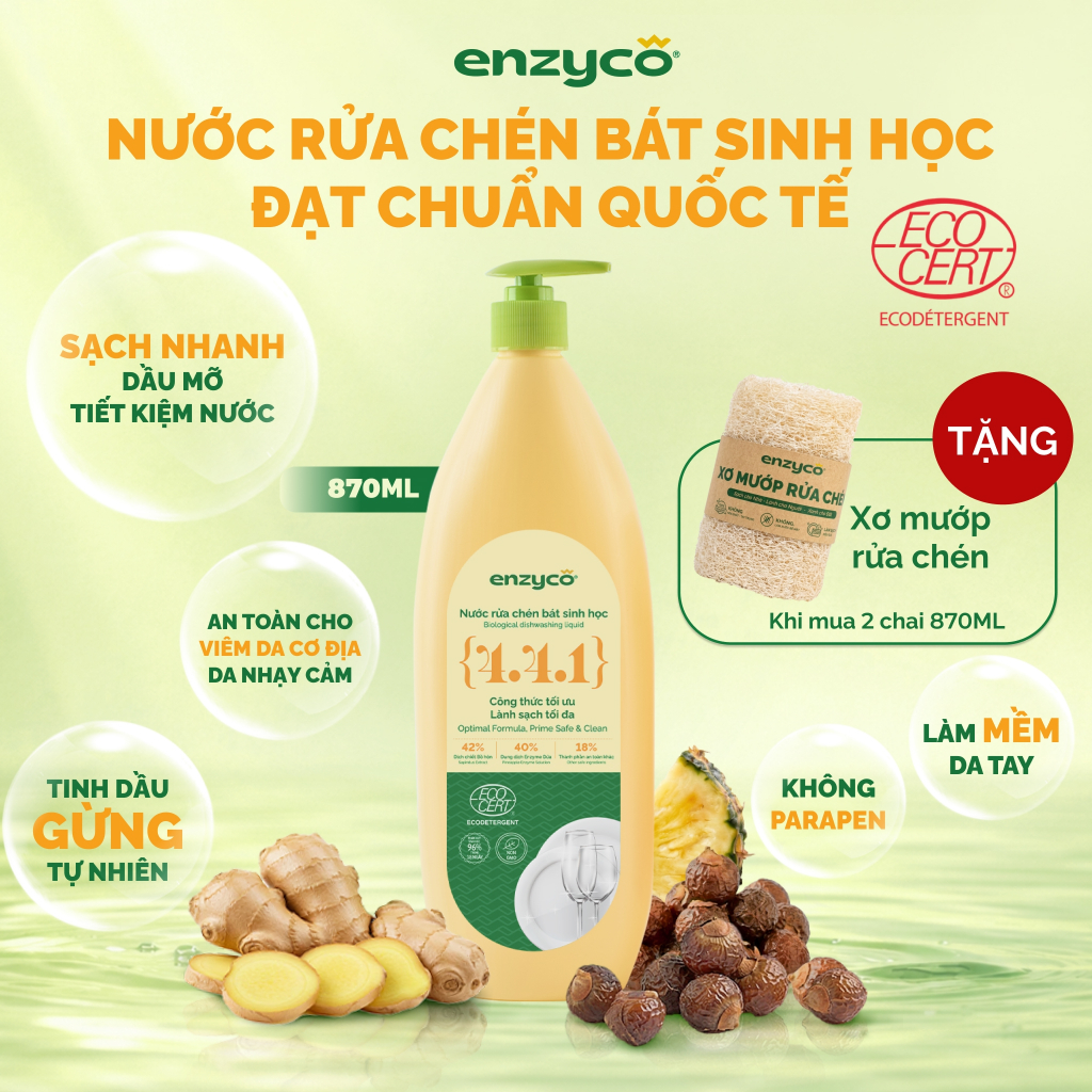 Nước Rửa Chén Sinh Học ENZYCO 870ML Từ Bồ Hòn & Dứa,Sạch Dầu Mỡ,Không Khô Da Tay,Đạt Chứng NhậnECODE