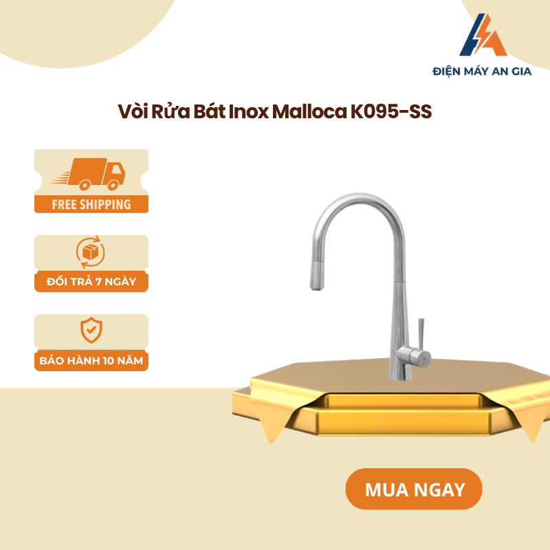 Vòi nóng lạnh dây rút Malloca K095-SS, Chất liệu Inox 304, 2 đường nước, xoay 360 độ - PEB
