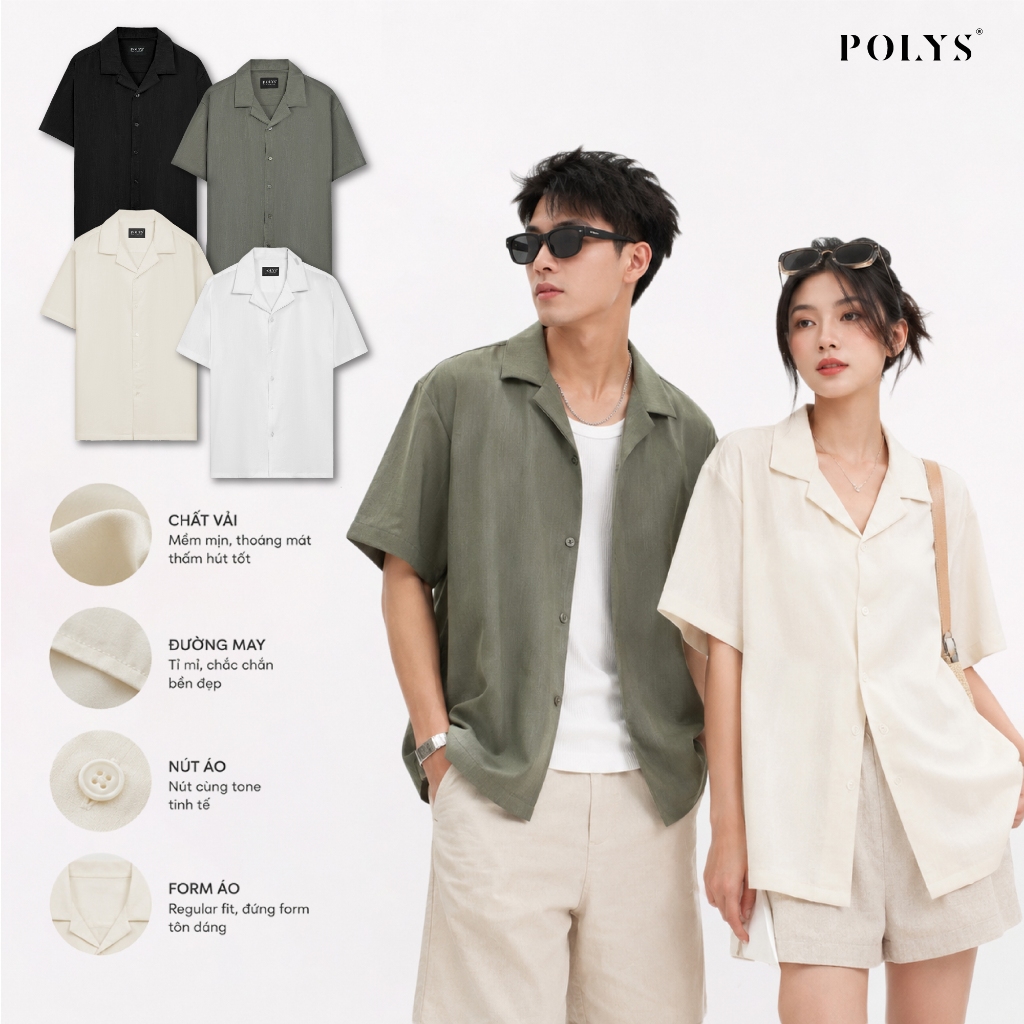 Áo Sơ Mi Đũi Nam POLYS Tay Ngắn Cổ Vest 4 Màu, Vải Đũi Tơ Co Giãn Thấm Hút Tốt SƠ MI ĐŨI NGẮN TAY